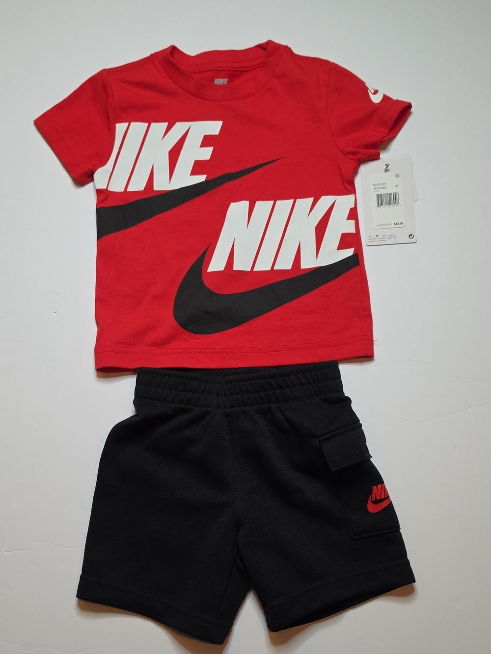 Nike Red and Black Kids Logo Tee with Black Shorts
